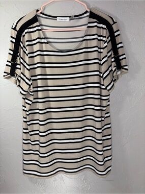 Calvin Klein Beige Black and White Striped Short Sleeve Tee with Shoulder Tabs